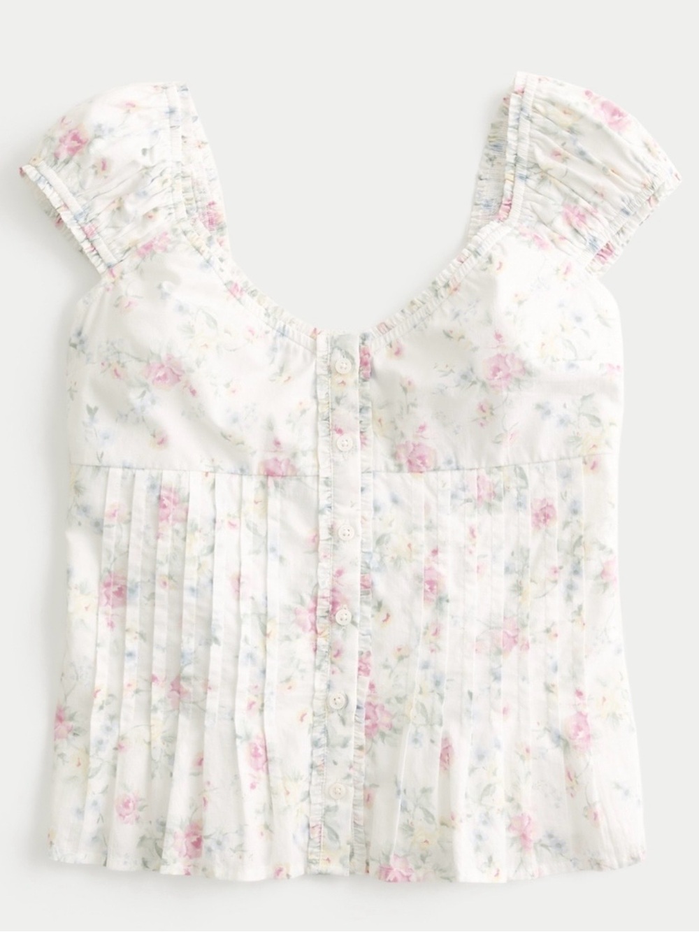 NWT V-Neck Pintuck Style by Hollister White Floral Button-Front Cap Sleeve Top